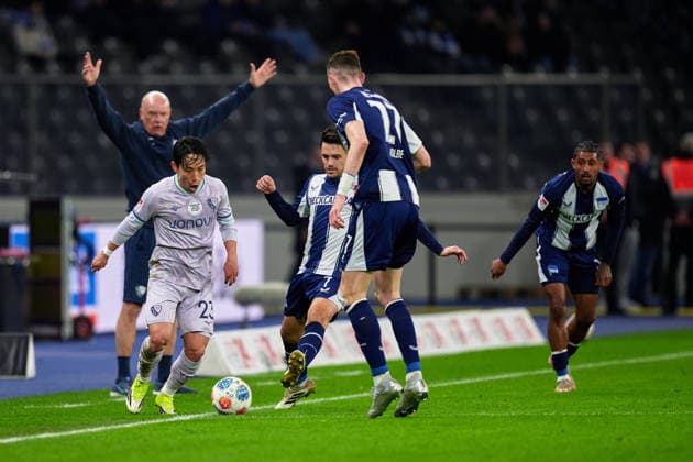 Koji Miyoshi (VfL Bochum 1848, 23), Kevin Vogt (VfL Bochum 1848, 07), Niklas Kolbe (Hertha BSC, 27), GER, Hertha BSC vs. ,VfL Bochum 1848, 2. Bundesliga, Saison 2025 2026, 26. Spieltag, 14.03.2026 (DFL REGULATIONS PROHIBIT ANY USE OF PHOTOGRAPHS AS IMAGE SEQUENCES AND OR QUASI - VIDEO). GER, Hertha BSC vs. ,VfL Bochum 1848, 2. Bundesliga, Saison 2025 2026, 26. Spieltag, 14.03.2026 Berlin