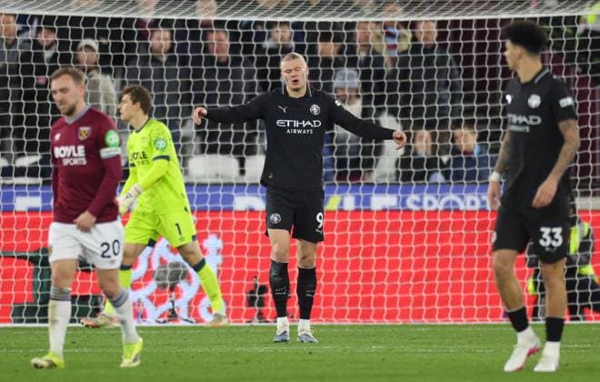 Erling Haaland of Manchester City reacts during the match West Ham v Manchester City, Football, Premier League, London Stadium, London, UK - 14 03 2026 EDITORIAL USE ONLY No use with unauthorised audio, video, data, fixture lists (outside the EU), club league logos or live services. Online in-match use limited to 45 images (+15 in extra time). No use to emulate moving images. No use in betting, games or Copyright: xAnthonyxHanc Shutterstockx 16773173aa