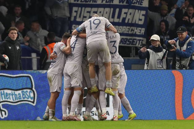 14.03.2026, xtgx, Fussball - 2.Bundesliga Hertha BSC Berlin - VfL Bochum emspor, v.l. Jubel nach dem 1:1 durch Leandro Morgalla (Bochum, 39) (DFL DFB REGULATIONS PROHIBIT ANY USE OF PHOTOGRAPHS as IMAGE SEQUENCES and or QUASI-VIDEO) Berlin