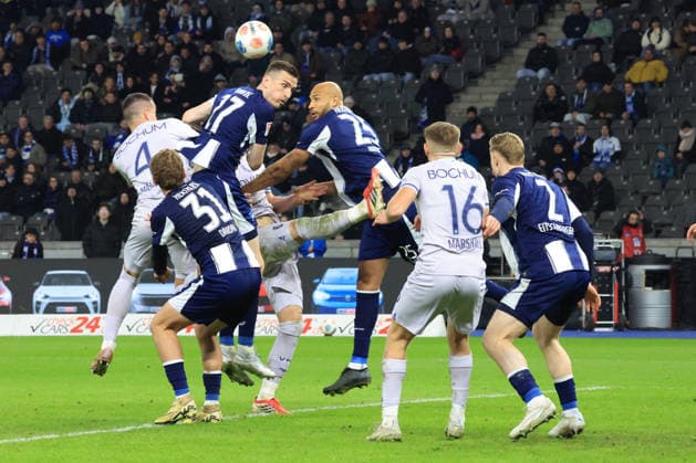 DEU, DFL, 2. FBL, Hertha BSC vs. VfL Bochum, 14.03.2026, Berliner Olympiastadion, Berlin, DEU, DFL, 2. FBL, Hertha BSC vs. VfL Bochum, im Bild John Anthony Brooks (Hertha BSC Berlin 25), Niklas Kolbe (Hertha BSC Berlin 27), Marton Dardai (Hertha BSC Berlin 31), Julian Eitschberger (Hertha BSC Berlin 2), Erhan Masovic (VfL Bochum 4), CALLUM MARSHALL (VfL Bochum 16) DFL - regulations prohibit any use of Photographs as image sequences and or quasi-video