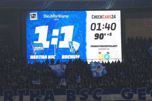 DEU, DFL, 2. FBL, Hertha BSC vs. VfL Bochum, 14.03.2026, Berliner Olympiastadion, Berlin, DEU, DFL, 2. FBL, Hertha BSC vs. VfL Bochum, im Bild Anzeigetafel mit dem Endergebnis, 1:1 DFL - regulations prohibit any use of Photographs as image sequences and or quasi-video