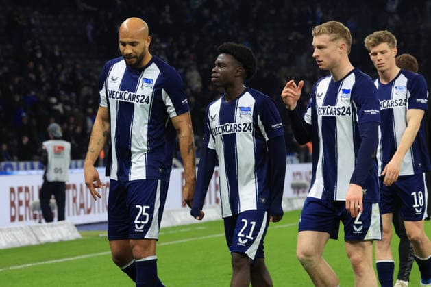 DEU, DFL, 2. FBL, Hertha BSC vs. VfL Bochum, 14.03.2026, Berliner Olympiastadion, Berlin, DEU, DFL, 2. FBL, Hertha BSC vs. VfL Bochum, im Bild Hertha-Spielerkreis, John Anthony Brooks (Hertha BSC Berlin 25), Boris Lum (Hertha BSC Berlin Julian Eitschberger (Hertha BSC Berlin 2), Luca Schuler (Hertha BSC Berlin 18)Kevin Sessa (Hertha BSC Berlin 8) DFL - regulations prohibit any use of Photographs as image sequences and or quasi-video