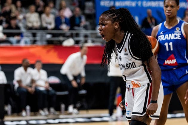 LYON-VILLEURBANNE, FRANCE - MARCH 14: Alexis Peterson (Germany, 1) screams after scoring during the FIBA Women™s World Cup Qualifying Tournament match between Germany (GER) vs. France (FRA) at Astroballe on matchday 3 of the FIBA Women™s World Cup Qualifying Tournament on March 14, 2026 in Lyon-Villeurbanne, France. France Copyright: xSteffiexWunderlx