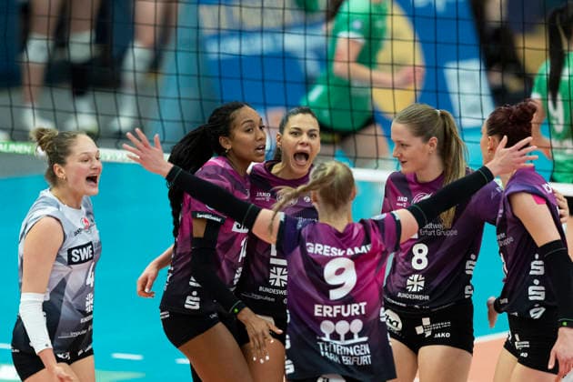 1. Volleyball Bundesliga Frauen: USC Münster vs. Schwarz-Weiss Erfurt; Münster; 14.03.2026 Jubel, Schwarz-Weiss Erfurt 1. Volleyball Bundesliga Frauen: USC Münster vs. Schwarz-Weiss Erfurt; Sporthalle Berg Fidel; 14.03.2026 Copyright: xBEAUTIFULxSPORTS Duehringx