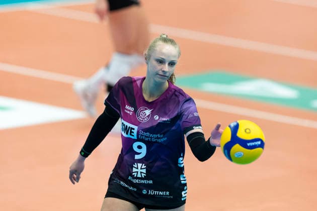 1. Volleyball Bundesliga Frauen: USC Münster vs. Schwarz-Weiss Erfurt; Münster; 14.03.2026 Antonia Greskamp ( 9; Schwarz-Weiss Erfurt) 1. Volleyball Bundesliga Frauen: USC Münster vs. Schwarz-Weiss Erfurt; Sporthalle Berg Fidel; 14.03.2026 Copyright: xBEAUTIFULxSPORTS Duehringx