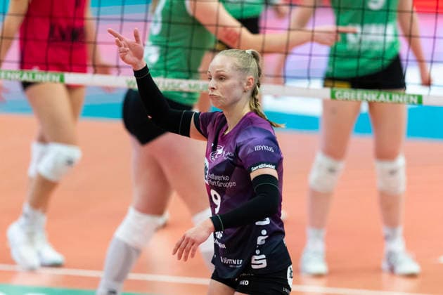 1. Volleyball Bundesliga Frauen: USC Münster vs. Schwarz-Weiss Erfurt; Münster; 14.03.2026 Antonia Greskamp ( 9; Schwarz-Weiss Erfurt) 1. Volleyball Bundesliga Frauen: USC Münster vs. Schwarz-Weiss Erfurt; Sporthalle Berg Fidel; 14.03.2026 Copyright: xBEAUTIFULxSPORTS Duehringx