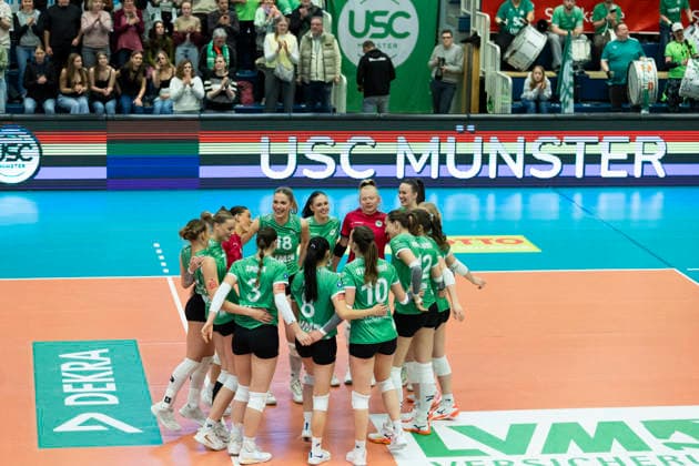1. Volleyball Bundesliga Frauen: USC Münster vs. Schwarz-Weiss Erfurt; Münster; 14.03.2026 Jubel, USC Münster 1. Volleyball Bundesliga Frauen: USC Münster vs. Schwarz-Weiss Erfurt; Sporthalle Berg Fidel; 14.03.2026 Copyright: xBEAUTIFULxSPORTS Duehringx