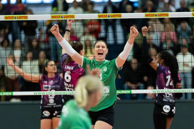 1. Volleyball Bundesliga Frauen: USC Münster vs. Schwarz-Weiss Erfurt; Münster; 14.03.2026 Jubel, Esther Spöler ( 3; USC Münster) 1. Volleyball Bundesliga Frauen: USC Münster vs. Schwarz-Weiss Erfurt; Sporthalle Berg Fidel; 14.03.2026 Copyright: xBEAUTIFULxSPORTS Duehringx
