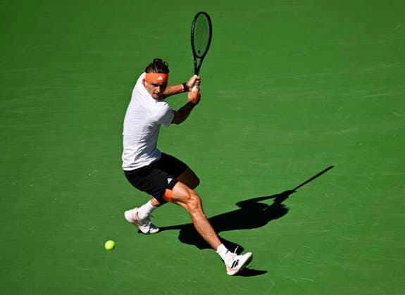 March 14, 2026 Alexander Zverev (GER) returns a shot against Jannik Sinner (ITA) during their semifinal match at the BNP Paribas Open held at the Indian Wells Tennis Garden in Indian Wells, California. Mandatory Photo Credit : CSM Indian Wells United States of America - ZUMAc04_ 20260314_zma_c04_026 Copyright: xCharlesxBausx