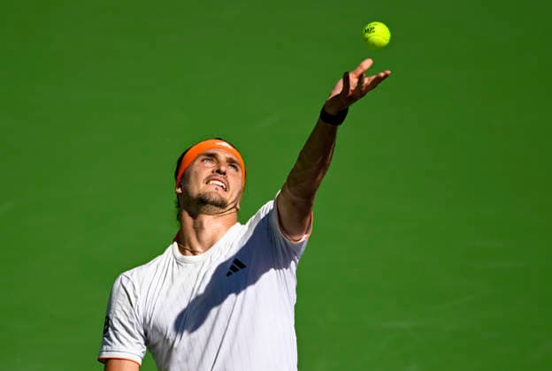 March 14, 2026 Alexander Zverev (GER) serves against Jannik Sinner (ITA) during their semifinal match at the BNP Paribas Open held at the Indian Wells Tennis Garden in Indian Wells, California. Mandatory Photo Credit : CSM Indian Wells United States of America - ZUMAc04_ 20260314_zma_c04_031 Copyright: xCharlesxBausx