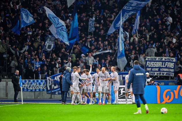 VfL Bochum 1848 jubelt ueber 1:1 Ausgleich durch Leandro Morgalla (VfL Bochum 1848, 39), GER, Hertha BSC vs. ,VfL Bochum 1848, 2. Bundesliga, Saison 2025 2026, 26. Spieltag, 14.03.2026 (DFL REGULATIONS PROHIBIT ANY USE OF PHOTOGRAPHS AS IMAGE SEQUENCES AND OR QUASI - VIDEO). GER, Hertha BSC vs. ,VfL Bochum 1848, 2. Bundesliga, Saison 2025 2026, 26. Spieltag, 14.03.2026 Berlin