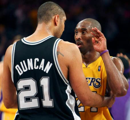 May 29, 2008 - Los Angeles, California, USA - Spurs TIM DUNCAN talks with Lakers KOBE BRYANT after game 5 in the NBA, Basketball Herren, USA Western Conference Finals Thursday May 29, 2008 at the Staples Center in Los Angeles, CA. The Lakers defeated the Spurs 100-92 to win the Western Conference Copyright: xSanxAntonioxExpress-Newsx