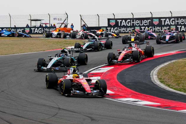CHINA-MOTORSPORTS F1-SHANGHAI Ferrari™s Lewis Hamilton followed by Mercedes™ Kimi Antonelli and Ferrari™s Charles Leclerc and Mercedes™ George Russell and other F1 Cars at Shanghai International Circuit during the race at the F1 Chinese Grand Prix, Shanghai, China, March 15, 2026. NEXPHER Peter Li SHANGHAI