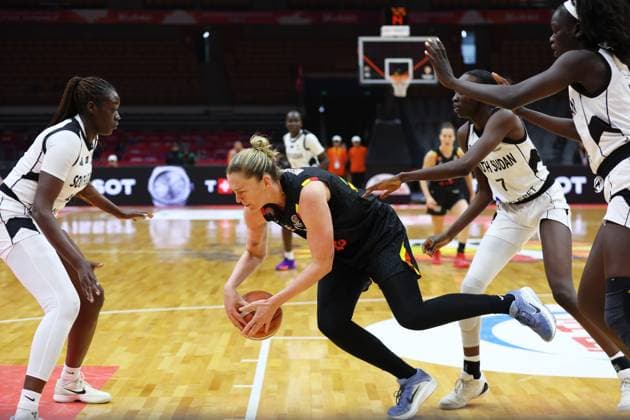 Belgium s Emma Meesseman fights for the ball during a basket game between Belgium s national team, Nationalteam Belgian Cats and South Sudan, in Wuhan, China, on Sunday 15 March 2026, the fourth game (out of 5) of the qualifications phase for the World Cup Basket tournament. NIKOLAxKRSTIC  x167535081x