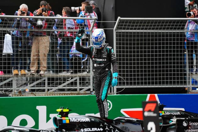 CHINA-MOTORSPORTS F1-SHANGHAI Mercedes™ George Russell stands on his f1 car at Shanghai International Circuit during the race at the F1 Chinese Grand Prix, Shanghai, China, March 15, 2026. NEXPHER Peter Li SHANGHAI