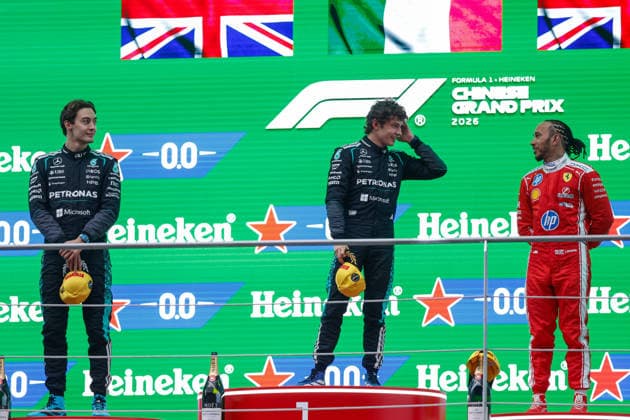 CHINA-MOTORSPORTS F1-SHANGHAI From Left to Right, Mercedes™ George Russell, Mercedes™ Kimi Antonelli and Ferrari™s Lewis Hamilton on the podium after coming in top 3 at Shanghai International Circuit at the F1 Chinese Grand Prix, Shanghai, China, March 15, 2026. NEXPHER Peter Li SHANGHAI