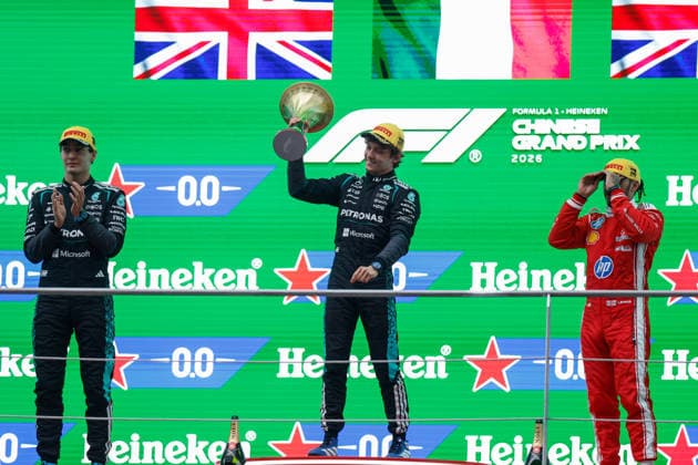 CHINA-MOTORSPORTS F1-SHANGHAI From Left to Right, Mercedes™ George Russell, Mercedes™ Kimi Antonelli and Ferrari™s Lewis Hamilton on the podium after coming in top 3 at Shanghai International Circuit at the F1 Chinese Grand Prix, Shanghai, China, March 15, 2026. NEXPHER Peter Li SHANGHAI