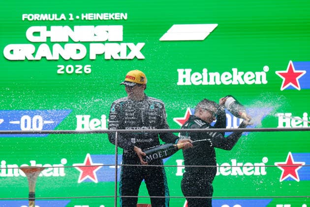 CHINA-MOTORSPORTS F1-SHANGHAI Mercedes™ Kimi Antonelli spraying champaign on the podium after coming in top 3 at Shanghai International Circuit at the F1 Chinese Grand Prix, Shanghai, China, March 15, 2026. NEXPHER Peter Li SHANGHAI