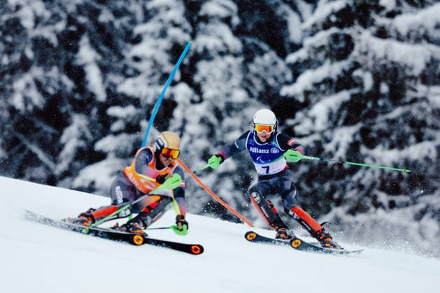PARALYMPICS - Winter Paralympics Milano Cortina 2026 CORTINA D AMPEZZO,ITALY,15.MAR.26 - PARALYMPICS, ALPINE SKIING - Paralympic Winter games, Winterspiele,Spiele, Summer games Milano Cortina 2026, slalom, men. Image shows guide Nico Haberl and Johannes Aigner (AUT).  GEPAxpictures xMaticxKlansek