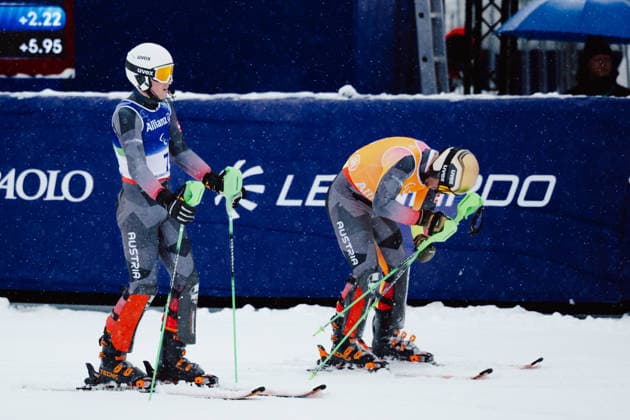 PARALYMPICS - Winter Paralympics Milano Cortina 2026 CORTINA D AMPEZZO,ITALY,15.MAR.26 - PARALYMPICS, ALPINE SKIING - Paralympic Winter games, Winterspiele,Spiele, Summer games Milano Cortina 2026, slalom, men. Image shows Johannes Aigner and guide Nico Haberl (AUT).  GEPAxpictures xMaticxKlansek