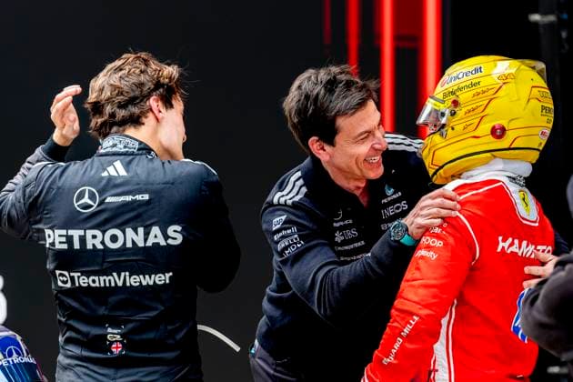 SHANGHAI - Mercedes AMG-Petronas Formula One Team Principal Toto Wolff and Formula 1 driver Lewis Hamilton of Scuderia Ferrari HP during the Formula 1 China Shanghai race at the Shanghai International Circuit on March 15, 2025 in Shanghai, China. (Photo by DeFodi Images) -