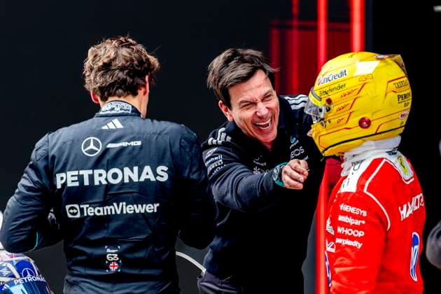 SHANGHAI - Mercedes AMG-Petronas Formula One Team Principal Toto Wolff and Formula 1 driver Lewis Hamilton of Scuderia Ferrari HP during the Formula 1 China Shanghai race at the Shanghai International Circuit on March 15, 2025 in Shanghai, China. (Photo by DeFodi Images) -