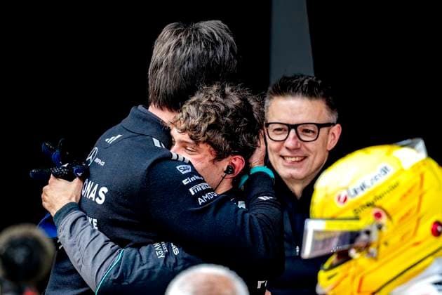 SHANGHAI - Formula 1 driver Kimi Antonelli of Mercedes AMG-Petronas Formula One Team wins his first race and is congratulated by Team Principal Toto Wolff of Mercedes AMG-Petronas Formula One Team during the Formula 1 China Shanghai race at the Shanghai International Circuit on March 15, 2025 in Shanghai, China. (Photo by DeFodi Images) -