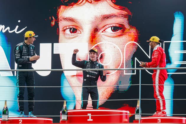 CHINA-MOTORSPORTS F1-SHANGHAI From Left to Right, Mercedes™ George Russell, Mercedes™ Kimi Antonelli and Ferrari™s Lewis Hamilton on the podium after coming in top 3 at Shanghai International Circuit at the F1 Chinese Grand Prix, Shanghai, China, March 15, 2026. NEXPHER Peter Li SHANGHAI