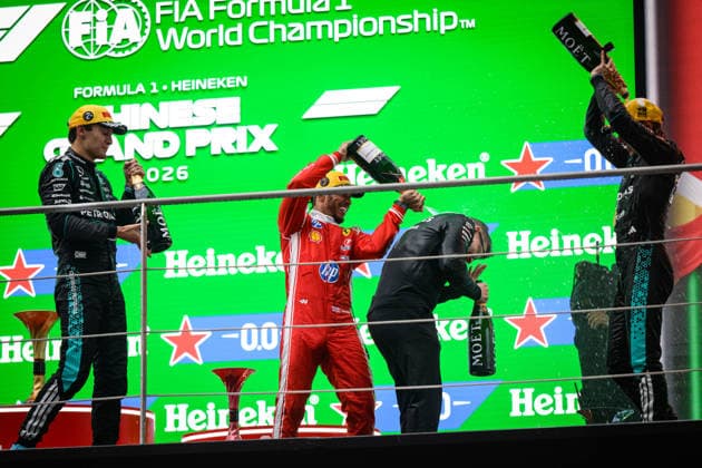 Formula 1 Chinese Grand Prix 2026 SHANGHAI, CHINA - MARCH 15:Race winner Andrea Kimi Antonelli of Italy and Mercedes AMG Petronas F1 Team Second placed George Russell of Great Britain and Mercedes AMG Petronas F1 Team Third placed Lewis Hamilton of Great Britain and Scuderia Ferrari and Peter Bonnington, Race Engineer of Mercedes AMG Petronas F1 Team celebrate on the podium during the F1 Grand Prix of China at Shanghai International Circuit on March 15, 2026 in Shanghai, China. John Ricky Anadolu Shanghai China. Editorial use only. Please get in touch for any other usage.  Copyright: x2026xAnadoluxJohnxRickyx