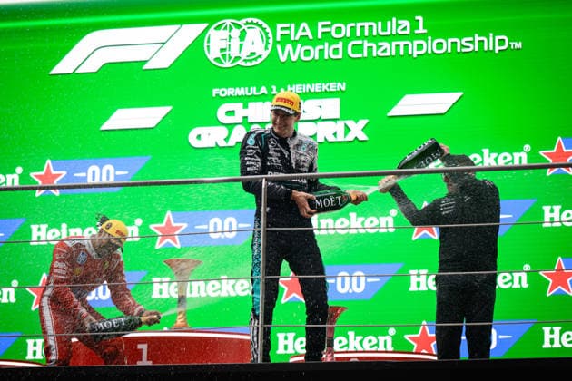Formula 1 Chinese Grand Prix 2026 SHANGHAI, CHINA - MARCH 15:Race winner Andrea Kimi Antonelli of Italy and Mercedes AMG Petronas F1 Team Second placed George Russell of Great Britain and Mercedes AMG Petronas F1 Team Third placed Lewis Hamilton of Great Britain and Scuderia Ferrari and Peter Bonnington, Race Engineer of Mercedes AMG Petronas F1 Team celebrate on the podium during the F1 Grand Prix of China at Shanghai International Circuit on March 15, 2026 in Shanghai, China. John Ricky Anadolu Shanghai China. Editorial use only. Please get in touch for any other usage.  Copyright: x2026xAnadoluxJohnxRickyx