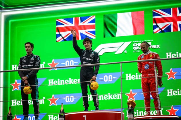 Formula 1 Chinese Grand Prix 2026 SHANGHAI, CHINA - MARCH 15:Race winner Andrea Kimi Antonelli of Italy and Mercedes AMG Petronas F1 Team Second placed George Russell of Great Britain and Mercedes AMG Petronas F1 Team Third placed Lewis Hamilton of Great Britain and Scuderia Ferrari and Peter Bonnington, Race Engineer of Mercedes AMG Petronas F1 Team celebrate on the podium during the F1 Grand Prix of China at Shanghai International Circuit on March 15, 2026 in Shanghai, China. John Ricky Anadolu Shanghai China. Editorial use only. Please get in touch for any other usage.  Copyright: x2026xAnadoluxJohnxRickyx
