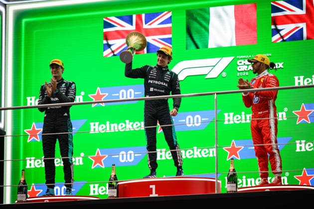 Formula 1 Chinese Grand Prix 2026 SHANGHAI, CHINA - MARCH 15:Race winner Andrea Kimi Antonelli of Italy and Mercedes AMG Petronas F1 Team Second placed George Russell of Great Britain and Mercedes AMG Petronas F1 Team Third placed Lewis Hamilton of Great Britain and Scuderia Ferrari and Peter Bonnington, Race Engineer of Mercedes AMG Petronas F1 Team celebrate on the podium during the F1 Grand Prix of China at Shanghai International Circuit on March 15, 2026 in Shanghai, China. John Ricky Anadolu Shanghai China. Editorial use only. Please get in touch for any other usage.  Copyright: x2026xAnadoluxJohnxRickyx