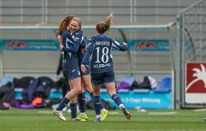 GER, Hoffenheim, TSG Hoffenheim vs SGS Essen, Google Pixel Frauen Bundesliga, Fussball, DFB, Spielzeit 2025 2026, Dietmar-Hopp-Stadion, 20. Spieltag im Bild: Lisann Kaut (TSG Hoffenheim Frauen 4) erzielt das 2:0, im Tor, Jubel und Freude, Emotionen DFB DFL REGULATIONS PROHIBIT ANY USE OF PHOTOGRAPHS AS IMAGE SEQUENCES AND OR QUASI-VIDEO, 15.03.2026 Copyright: HMBxMedia HendrikxHamelau