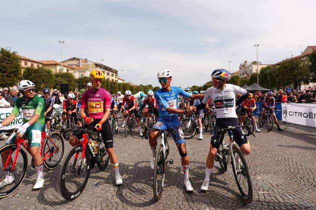 Diego Pablo Sevilla (Team Polti VisitMalta) , Tobias Halland Johannessen (Uno-X Mobility) , Isaac Del Toro (UAE Team Emirates XRG) , Giulio Pellizzari (Red Bull - Bora - Hansgrohe) , with mayor During the 142-kilometer Stage 7 of the Tirreno-Adriatico cycling race from Civitanova Marche to San Benedetto del Tronto - Italy,- Sunday , March 15, 2026. - cycling .  Copyright: xMassimoxPaolone LaPressex