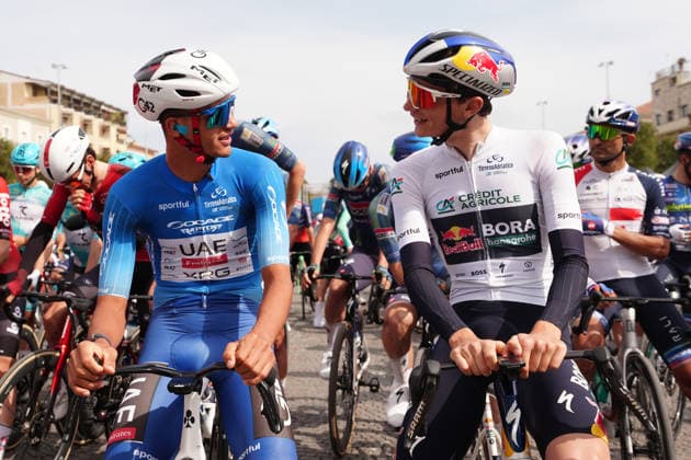 Isaac Del Toro (UAE Team Emirates XRG) , Giulio Pellizzari (Red Bull - Bora - Hansgrohe) , during the 142-kilometer Stage 7 of the Tirreno-Adriatico cycling race from Civitanova Marche to San Benedetto del Tronto - Italy,- Sunday , March 15, 2026. - cycling .  Copyright: xMassimoxPaolone LaPressex