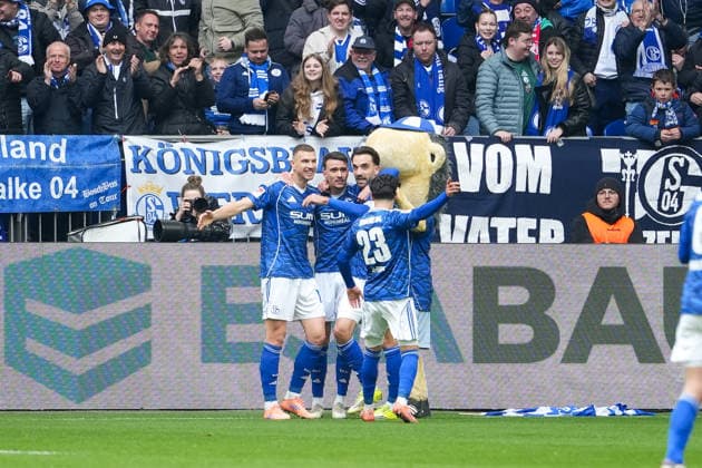 Fussball: 2. Bundesliga, 26. Spieltag, FC Schalke 04 - Hannover 96 am 15.03.2026 in Gelsenkirchen (VELTINS-Arena), Deutschland, Saison 2025 2026: DFB DFL REGULATIONS PROHIBIT ANY USE OF PHOTOGRAPHS as IMAGE SEQUENCES and or QUASI-VIDEO: Kollektiver Jubel nach dem Tor von Dzeko, Edin (10,S04) zum 1:0. Gelsenkirchen VELTINS-Arena Deutschland