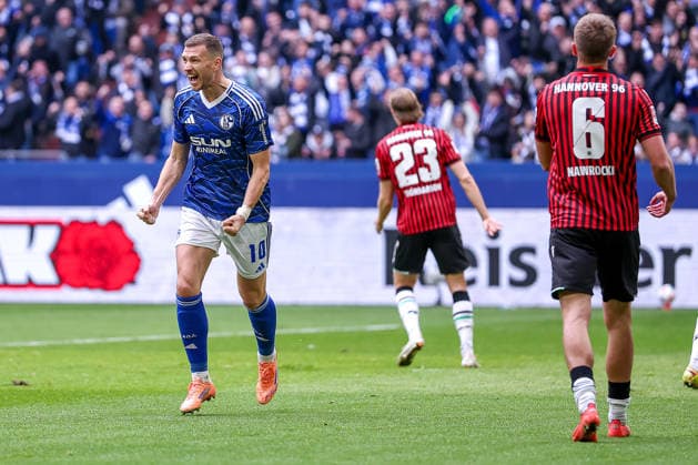 15.03.2026, Fußball, FC Schalke 04 - Hannover 96, 26. Spieltag, 2. Fußball Bundesliga, Veltins-Arena Gelsenkirchen, Saison 2025 2026: Torjubel nach dem Tor zum 1:0 durch Torschütze Edin Dzeko (Schalke04 10) zusammen mit DFB regulations prohibit any use of photographs as image sequences and or quasi-video. Nordrhein-Westfalen Deutschland
