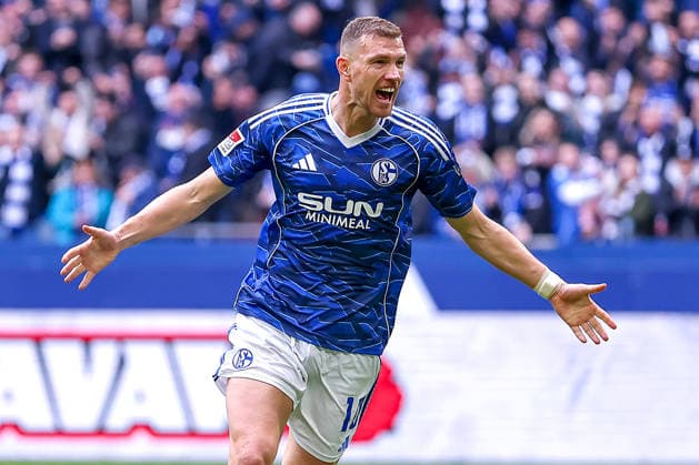 15.03.2026, Fußball, FC Schalke 04 - Hannover 96, 26. Spieltag, 2. Fußball Bundesliga, Veltins-Arena Gelsenkirchen, Saison 2025 2026: Torjubel nach dem Tor zum 1:0 durch Torschütze Edin Dzeko (Schalke04 10) zusammen mit DFB regulations prohibit any use of photographs as image sequences and or quasi-video. Nordrhein-Westfalen Deutschland