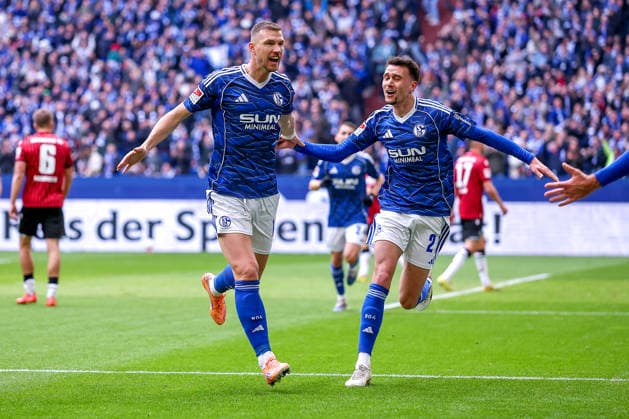 15.03.2026, Fußball, FC Schalke 04 - Hannover 96, 26. Spieltag, 2. Fußball Bundesliga, Veltins-Arena Gelsenkirchen, Saison 2025 2026: Torjubel nach dem Tor zum 1:0 durch Torschütze Edin Dzeko (Schalke04 10) zusammen mit Dejan Ljubicic (Schalke04 21) DFB regulations prohibit any use of photographs as image sequences and or quasi-video. Nordrhein-Westfalen Deutschland