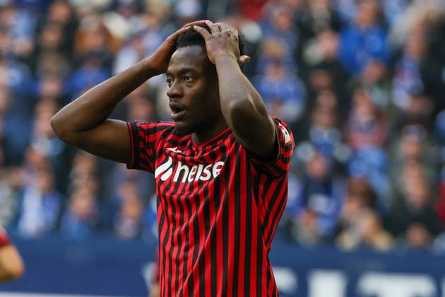 2. Bundesliga - FC Schalke 04 - Hannover 96 am 15.03.2026 in der Veltins-Arena auf Schalke Mustapha Bundu Shong Hames (Hannover) unzufrieden, enttäuscht, enttaeuscht, niedergeschlagen