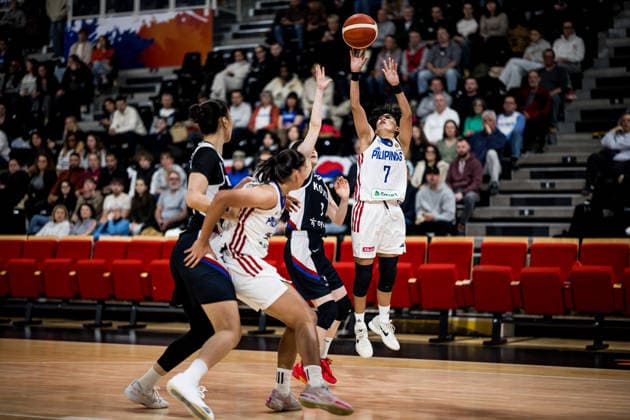 LYON-VILLEURBANNE, FRANCE - MARCH 15: Janine Pontejos (Philippines, 7) shoots the ball during the FIBA Women™s World Cup Qualifying Tournament match between Philippines (PHI) vs. Republic of Korea (KOR) at Astroballe on matchday 4 of the FIBA Women™s World Cup Qualifying Tournament on March 15, 2026 in Lyon-Villeurbanne, France. France Copyright: xSteffiexWunderlx