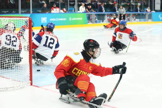 March 15, 2026, Milan, Lombardy, Italy: TIAN JINTAO 28 of China celebrates scoring his side s third goal in the Bronze Medal Game between Team Czechia (CZE) and Team China (CHN) at the Milano Cortina 2026 Paralympic Winter games, Winterspiele,Spiele, Summer games China won 3:2. Paralympics 2026: Milano Cortina: Para Ice hockey, Eishockey Men s Bronze Medal Game: CZE 2:3 CHN  - ZUMAc179 20260315_oly_c179_020 Copyright: xMickaelxChavetx