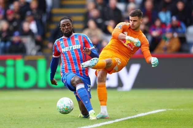 London, England, 15th March 2026. Evann Guessand of Crystal Palace and Karl Darlow of Leeds United challenge for the ball during the Crystal Palace vs Leeds United Premier League match at Selhurst Park, London. Picture credit should read: Paul Terry Sportimage EDITORIAL USE ONLY. No use with unauthorised audio, video, data, fixture lists, club league logos or live services. Online in-match use limited to 120 images, no video emulation. No use in betting, games or single club league player publications. SPI_010_PT_Crystal_Palace_Leeds SPI-4603-0010
