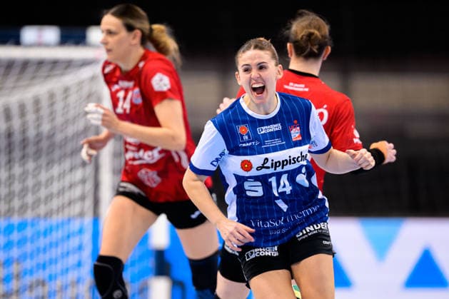 Handball: DHB-Pokal, Spiel Platz 3, Thueringer HC - HSG Blomberg-Lippe Ona Vegue i Pena (Blomberg) Jubel Freude Emotion Stuttgart Porsche Arena Baden-Württemberg Deutschland
