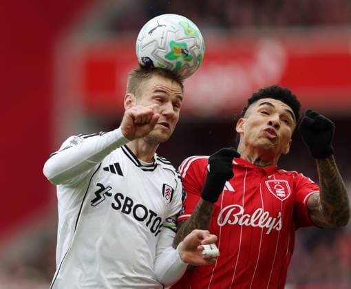 Nottingham, England, 15th March 2026. Joachim Andersen of Fulham tussles with Igor Jesus of Nottingham Forest during the Nottingham Forest vs Fulham Premier League match at the City Ground, Nottingham. Picture credit should read: Gareth Evans Sportimage EDITORIAL USE ONLY. No use with unauthorised audio, video, data, fixture lists, club league logos or live services. Online in-match use limited to 120 images, no video emulation. No use in betting, games or single club league player publications. SPI_017_GE_NFFC_vs_FFC SPI-4604-0015