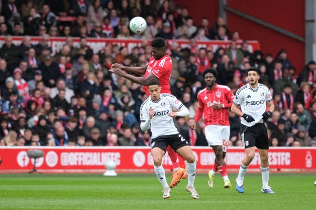 Ibrahim Sangare of Nottingham Forest and Josh King of Fulham seen in action during the Premier league football match between Nottingham Forest and Fulham at the City Ground in Nottingham. Copyright: xPaulxBonserx xSportsxPressxPhotox Sportspressphoto_SPR110280