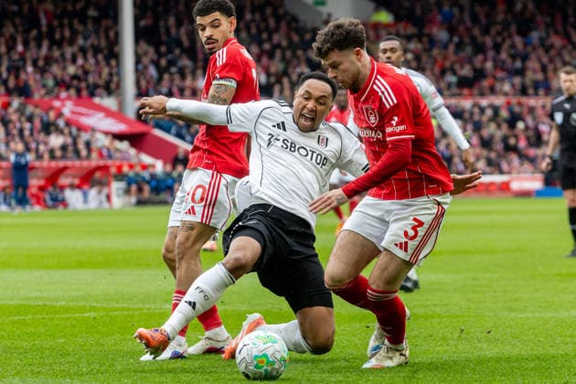 Nottingham Forest v Fulham, Premier League Fulham defender Calvin Bassey (3) runs forward and Fulham defender Kenny Tete (2) attempts tackle during the Premier League match between Nottingham Forest and Fulham at the City Ground, Nottingham, UK on 15 March 2026. Nottingham City Ground Nottinghamshire UK Editorial use only DataCo restrictions apply See www.football-dataco.com , Copyright: xManjitxNarotrax PSI-23895-0007