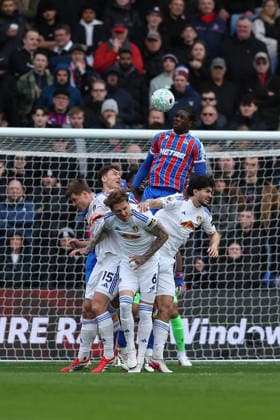 15th March 2026; Selhurst Park, Selhurst, London, England; Premier League Football, Crystal Palace versus Leeds United; Jaydee Canvot of Crystal Palace jumps above Leeds players to head the ball away  KatiexChan Content restricted for UK based newspaper