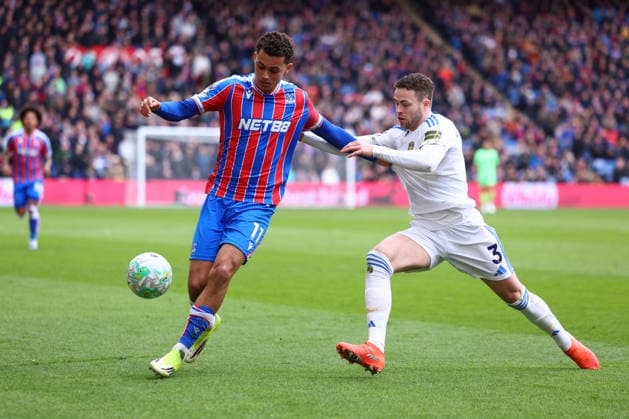London, England, 15th March 2026. Brennan Johnson of Crystal Palace and Gabriel Gudmundsson of Leeds United challenge for the ball during the Crystal Palace vs Leeds United Premier League match at Selhurst Park, London. Picture credit should read: Paul Terry Sportimage EDITORIAL USE ONLY. No use with unauthorised audio, video, data, fixture lists, club league logos or live services. Online in-match use limited to 120 images, no video emulation. No use in betting, games or single club league player publications. SPI_016_PT_Crystal_Palace_Leeds SPI-4603-0016