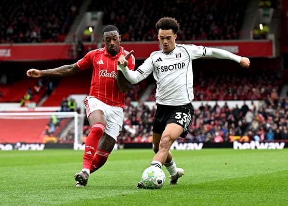 Callum Hudson-Odoi of Nottingham Forest and Antonee Robinson of Fulham Nottingham Forest v Fulham, Premier League, Football, City Ground, Nottingham, UK - 15 Mar 2026Nottingham City Ground United Kingdom EDITORIAL USE ONLY No use with unauthorised audio, video, data, fixture lists, club league logos or live services. Online in-match use limited to 120 images, no video emulation. No use in betting, games or single club league player publications. Copyright: xAnnaxGowthorpe Shutterstockx 16757313ao